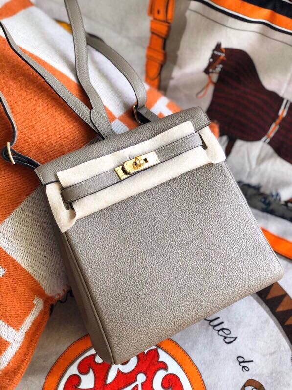 Hermes Kelly Ado Backpack In Gris Asphalte Clemence Leather